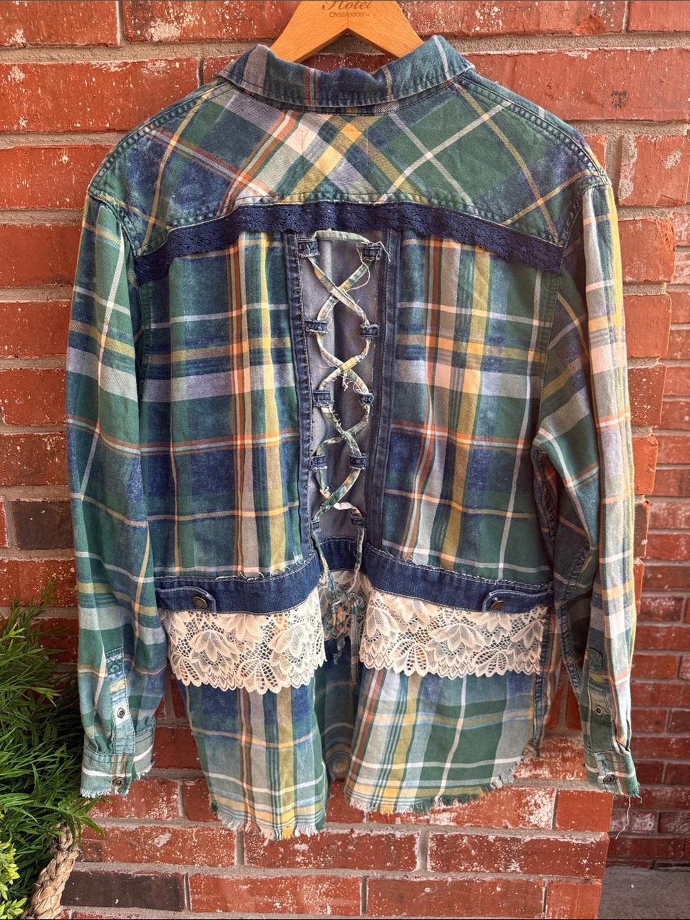 Thunder Brand Plaid Flannel Shirt with Lace and Denim Details - Picture 4 of 9